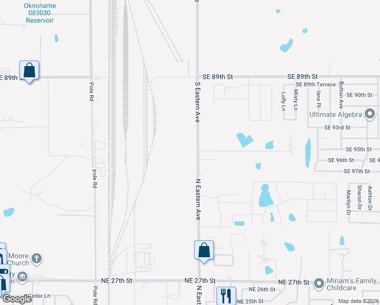 map of restaurants, bars, coffee shops, grocery stores, and more near 9501 South Eastern Avenue in Oklahoma City