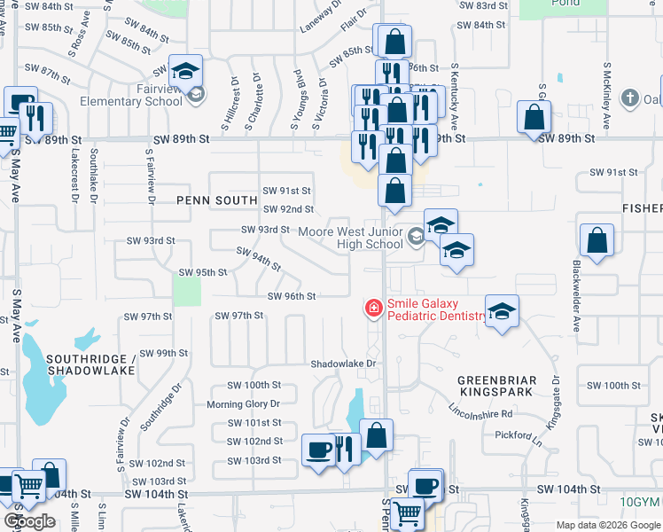 map of restaurants, bars, coffee shops, grocery stores, and more near 2221 Southwest 96th Street in Oklahoma City