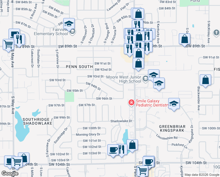 map of restaurants, bars, coffee shops, grocery stores, and more near 2221 Southwest 96th Street in Oklahoma City