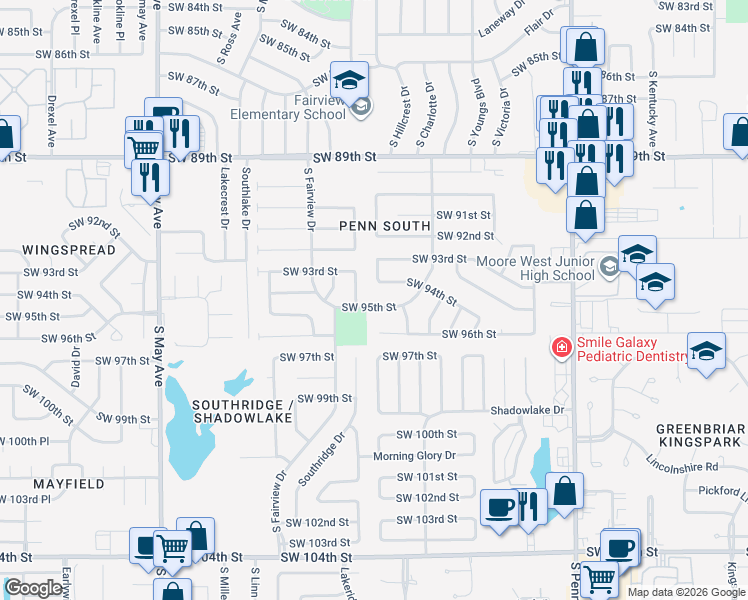 map of restaurants, bars, coffee shops, grocery stores, and more near 2436 Southwest 95th Street in Oklahoma City