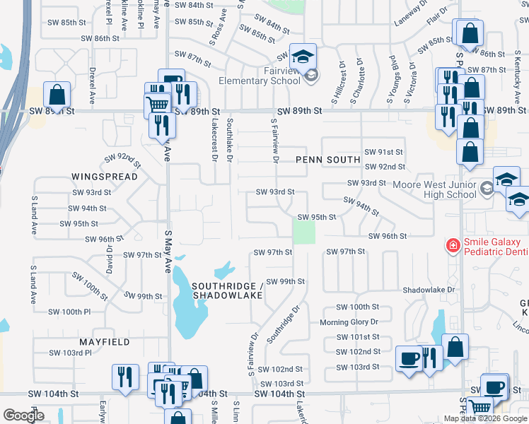map of restaurants, bars, coffee shops, grocery stores, and more near 2632 Southwest 95th Street in Oklahoma City