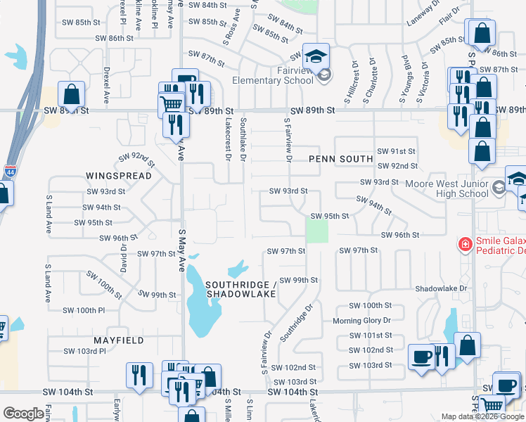 map of restaurants, bars, coffee shops, grocery stores, and more near 2632 Southwest 95th Street in Oklahoma City