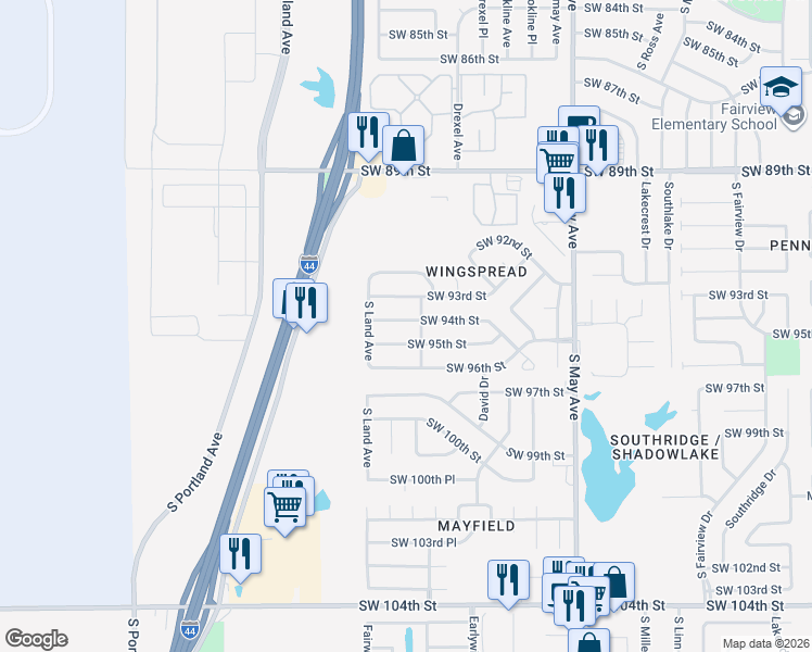 map of restaurants, bars, coffee shops, grocery stores, and more near 3204 Southwest 95th Street in Oklahoma City