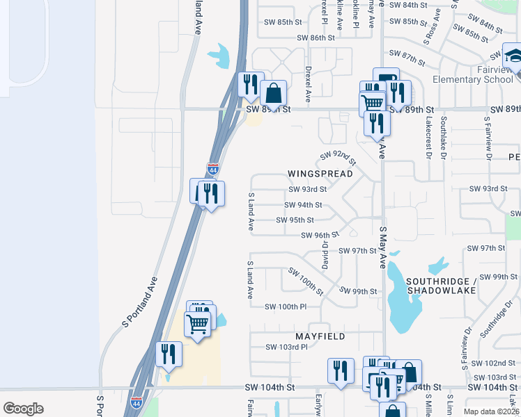 map of restaurants, bars, coffee shops, grocery stores, and more near 3299 Southwest 95th Street in Oklahoma City