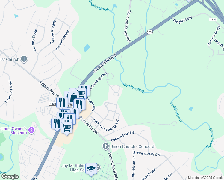 map of restaurants, bars, coffee shops, grocery stores, and more near 403 Samuel Adams Circle Southwest in Concord
