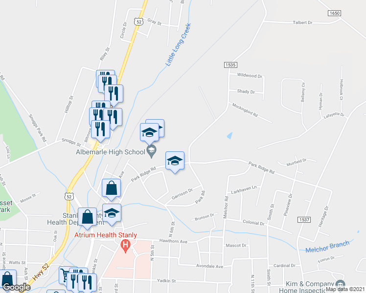 map of restaurants, bars, coffee shops, grocery stores, and more near 313 Mountain Creek Road in Albemarle
