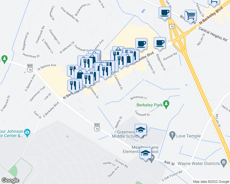map of restaurants, bars, coffee shops, grocery stores, and more near 3102 Cashwell Drive in Goldsboro
