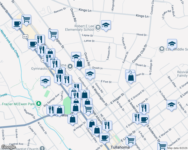 map of restaurants, bars, coffee shops, grocery stores, and more near 807 Ovoca Road in Tullahoma