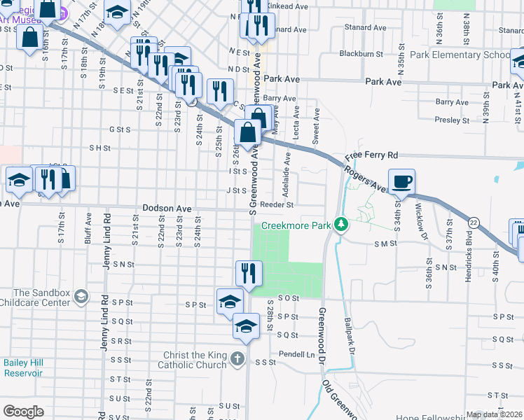 map of restaurants, bars, coffee shops, grocery stores, and more near 2715 Dodson Avenue in Fort Smith