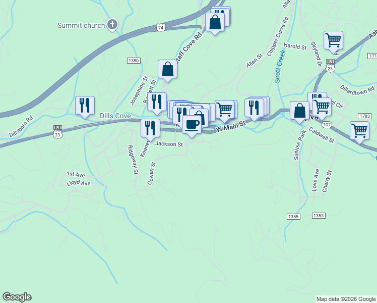 map of restaurants, bars, coffee shops, grocery stores, and more near 66 King Street in Sylva