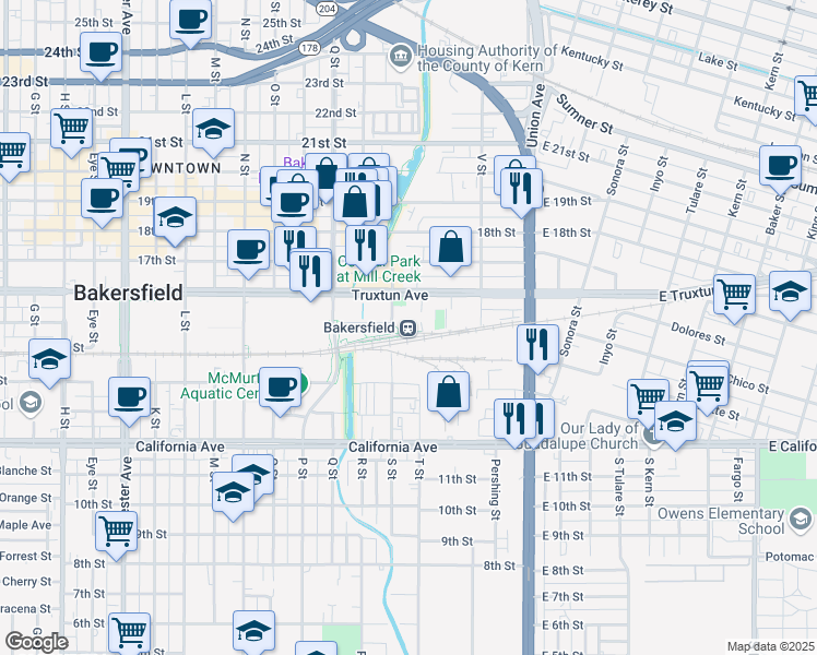 map of restaurants, bars, coffee shops, grocery stores, and more near 601 Truxtun Avenue in Bakersfield