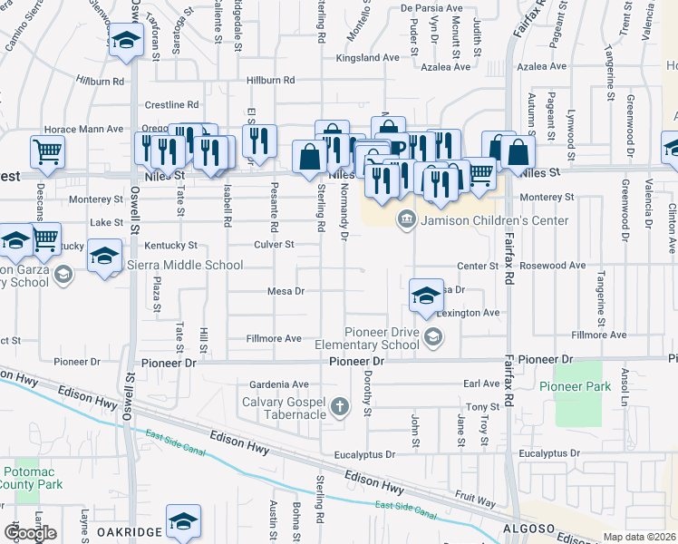 map of restaurants, bars, coffee shops, grocery stores, and more near 801 Normandy Drive in Bakersfield