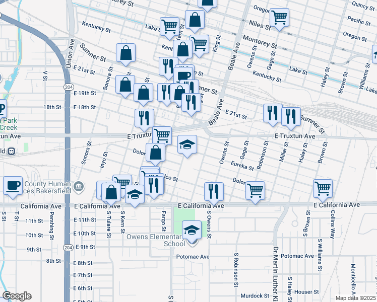 map of restaurants, bars, coffee shops, grocery stores, and more near 815 Eureka Street in Bakersfield