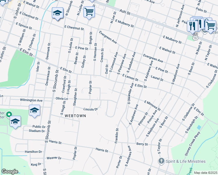 map of restaurants, bars, coffee shops, grocery stores, and more near 1200 East Mimosa Street in Goldsboro