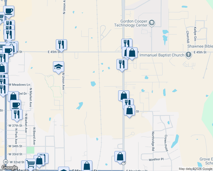 map of restaurants, bars, coffee shops, grocery stores, and more near 4204 North Harrison Street in Shawnee