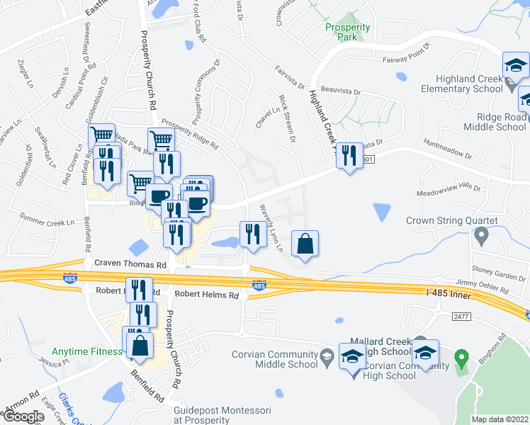 map of restaurants, bars, coffee shops, grocery stores, and more near 5329 Waverly Lynn Lane in Charlotte