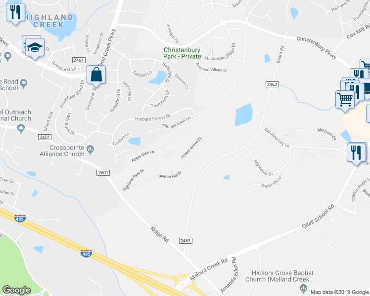 map of restaurants, bars, coffee shops, grocery stores, and more near 2707 Forest Grove Court in Charlotte