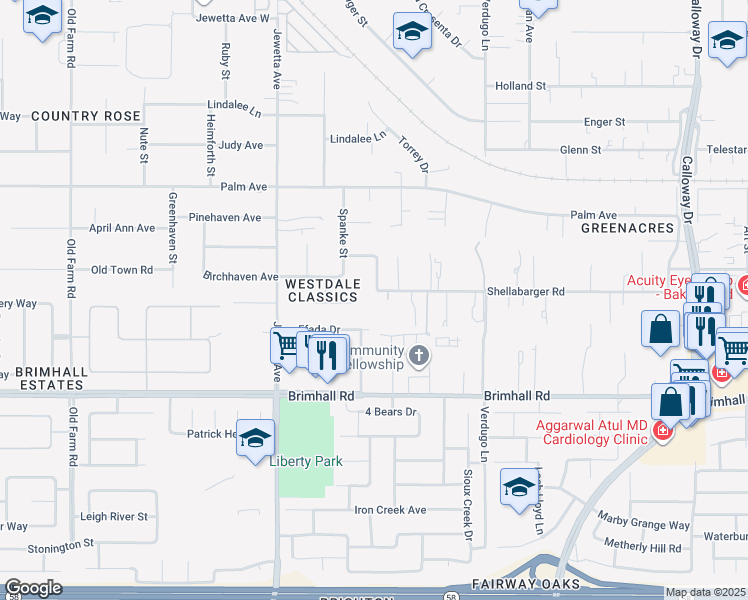 map of restaurants, bars, coffee shops, grocery stores, and more near 10931 Shellabarger Road in Bakersfield