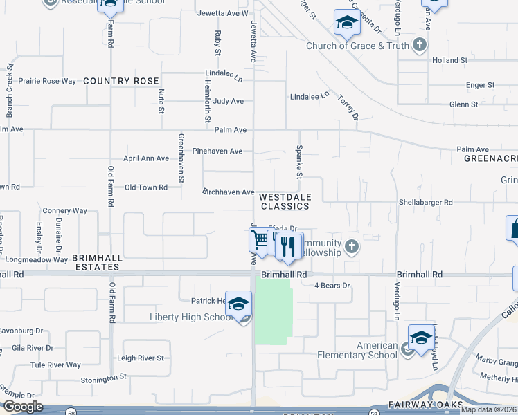 map of restaurants, bars, coffee shops, grocery stores, and more near 1500 Jewetta Avenue in Bakersfield