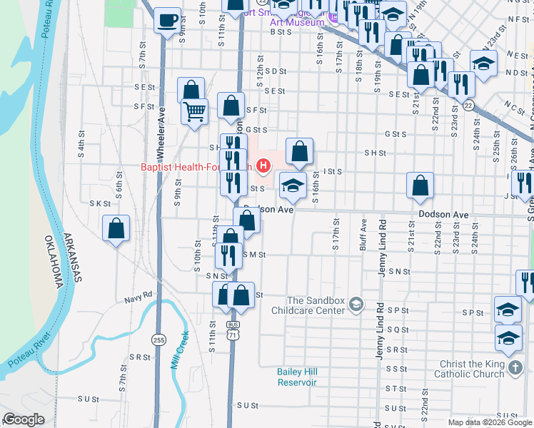 map of restaurants, bars, coffee shops, grocery stores, and more near 1219 South 12th Street in Fort Smith