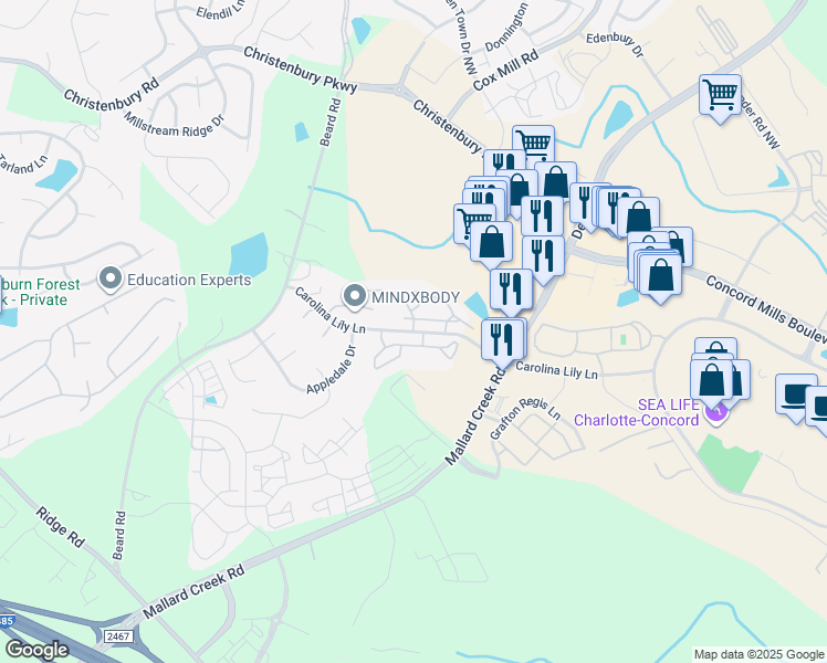 map of restaurants, bars, coffee shops, grocery stores, and more near 8749 Carolina Lily Lane in Charlotte