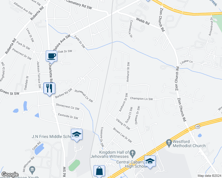 map of restaurants, bars, coffee shops, grocery stores, and more near 2892 Rockingham Court Southwest in Concord