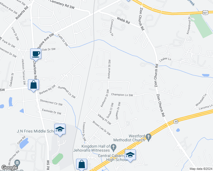 map of restaurants, bars, coffee shops, grocery stores, and more near 431 Amhurst Street Southwest in Concord