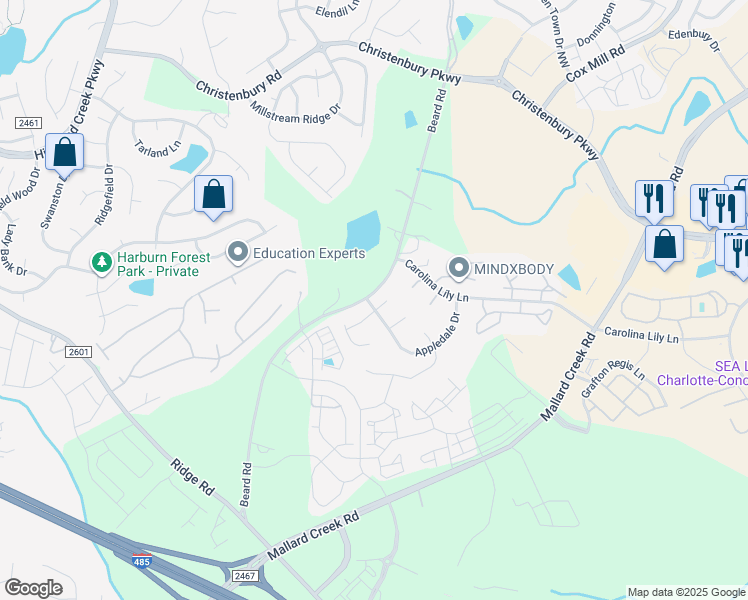 map of restaurants, bars, coffee shops, grocery stores, and more near 8403 Appledale Drive in Charlotte