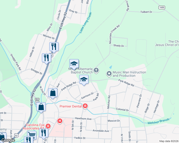 map of restaurants, bars, coffee shops, grocery stores, and more near 313 Mountain Creek Road in Albemarle