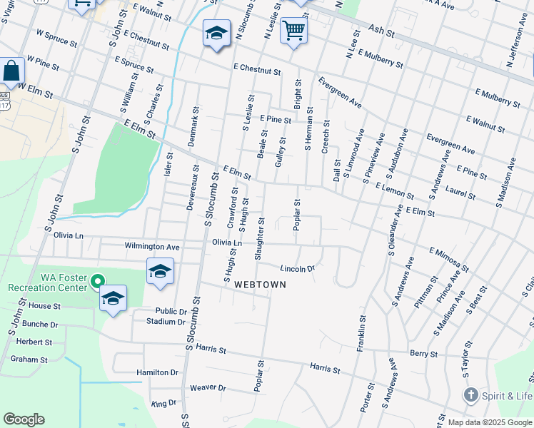 map of restaurants, bars, coffee shops, grocery stores, and more near 626 Slaughter Street in Goldsboro