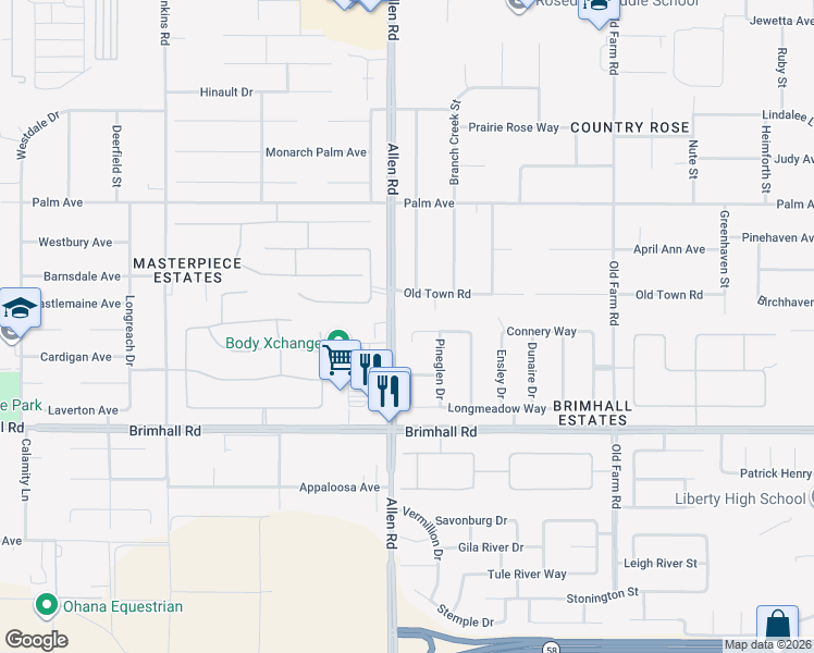 map of restaurants, bars, coffee shops, grocery stores, and more near 12813 Old Town Road in Bakersfield