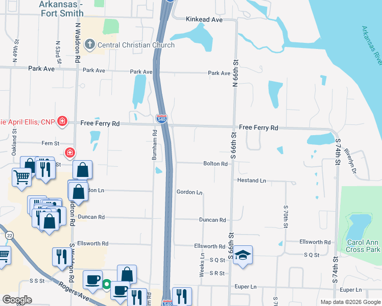 map of restaurants, bars, coffee shops, grocery stores, and more near 935 South 62nd in Fort Smith