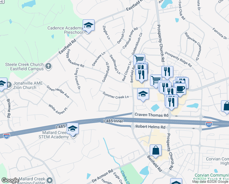 map of restaurants, bars, coffee shops, grocery stores, and more near 9011 Foggy Meadow Road in Charlotte