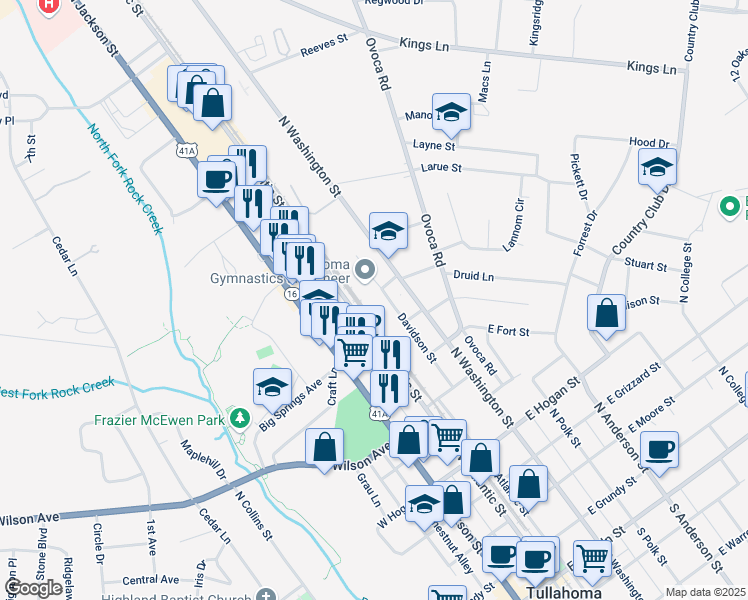 map of restaurants, bars, coffee shops, grocery stores, and more near 1001 North Washington Street in Tullahoma