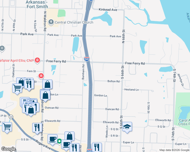 map of restaurants, bars, coffee shops, grocery stores, and more near 935 South 62nd in Fort Smith