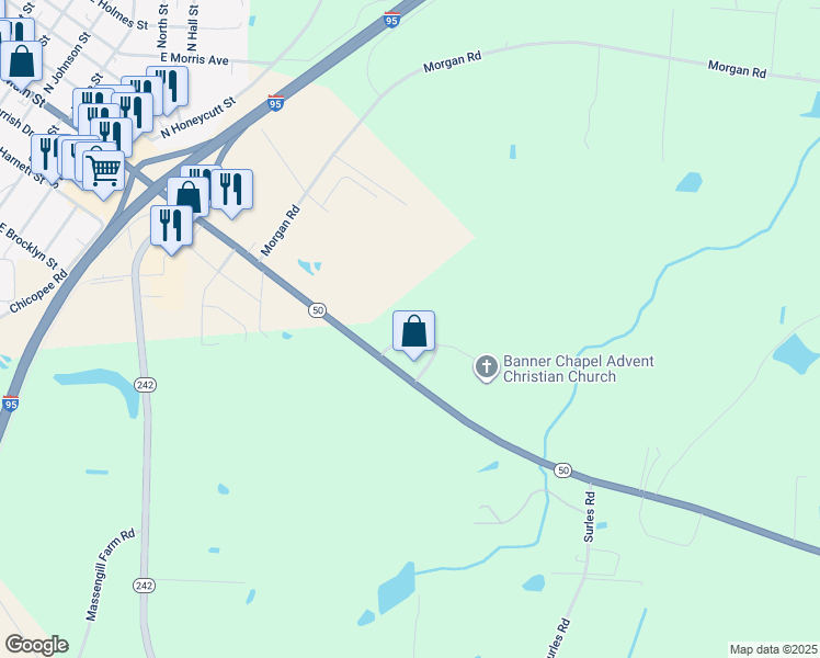 map of restaurants, bars, coffee shops, grocery stores, and more near Banner Heights Road in Benson