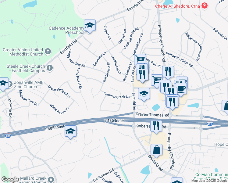 map of restaurants, bars, coffee shops, grocery stores, and more near 6031 Shining Oak Lane in Charlotte