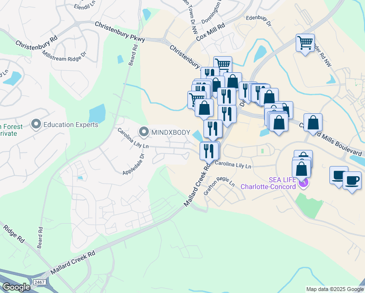 map of restaurants, bars, coffee shops, grocery stores, and more near 3505 Laurel Mill Drive in Charlotte