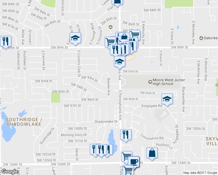 map of restaurants, bars, coffee shops, grocery stores, and more near 9404 Barnes Avenue in Oklahoma City
