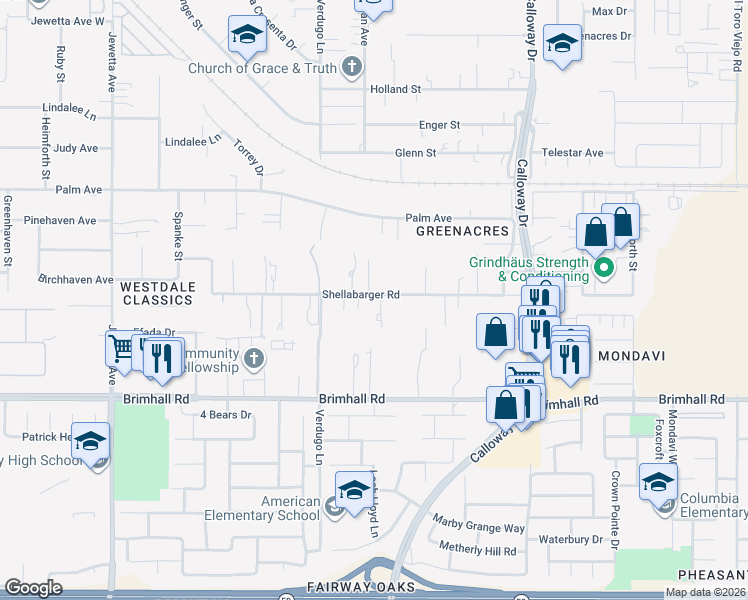 map of restaurants, bars, coffee shops, grocery stores, and more near 10321 Shellabarger Road in Bakersfield