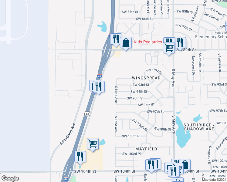 map of restaurants, bars, coffee shops, grocery stores, and more near 9501 South Land Avenue in Oklahoma City