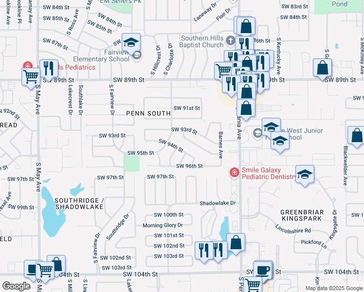 map of restaurants, bars, coffee shops, grocery stores, and more near 2325 Southwest 94th Street in Oklahoma City