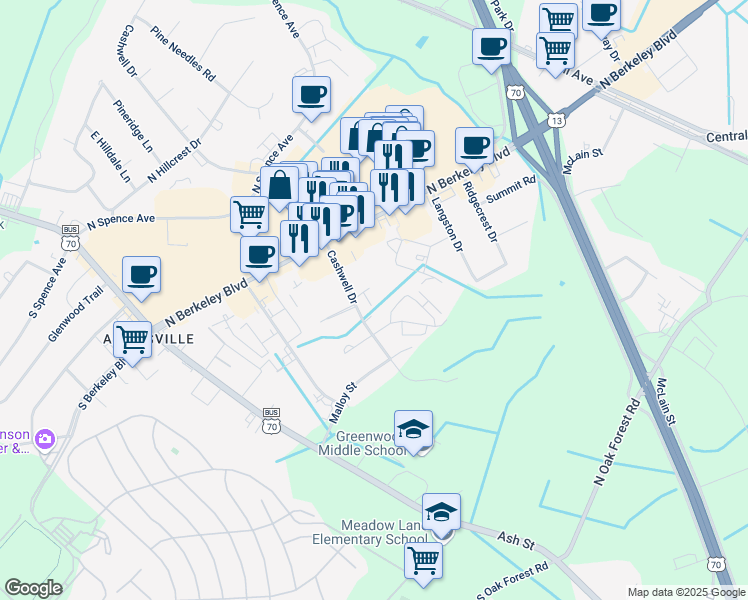 map of restaurants, bars, coffee shops, grocery stores, and more near 3103 Cashwell Drive in Goldsboro