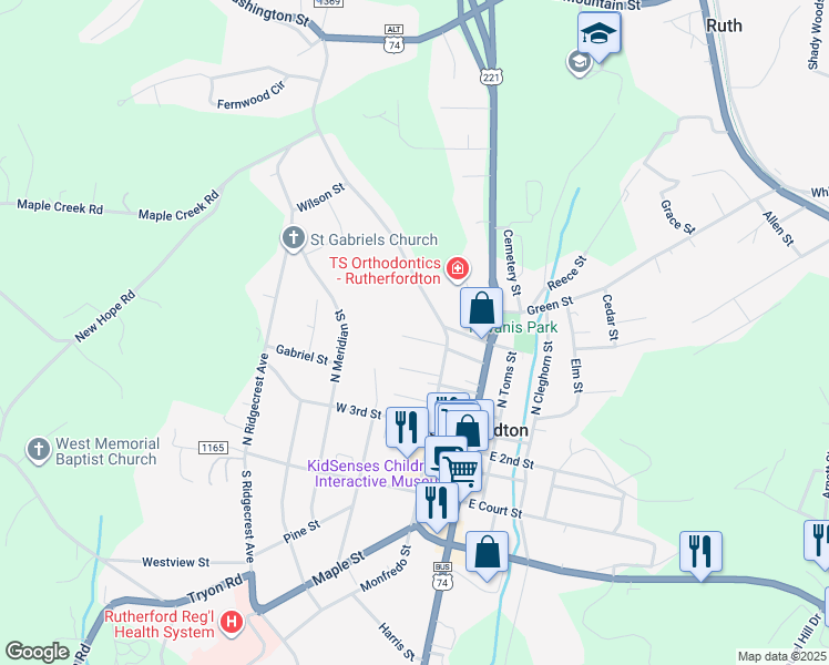 map of restaurants, bars, coffee shops, grocery stores, and more near 190 West 6th Street in Rutherfordton