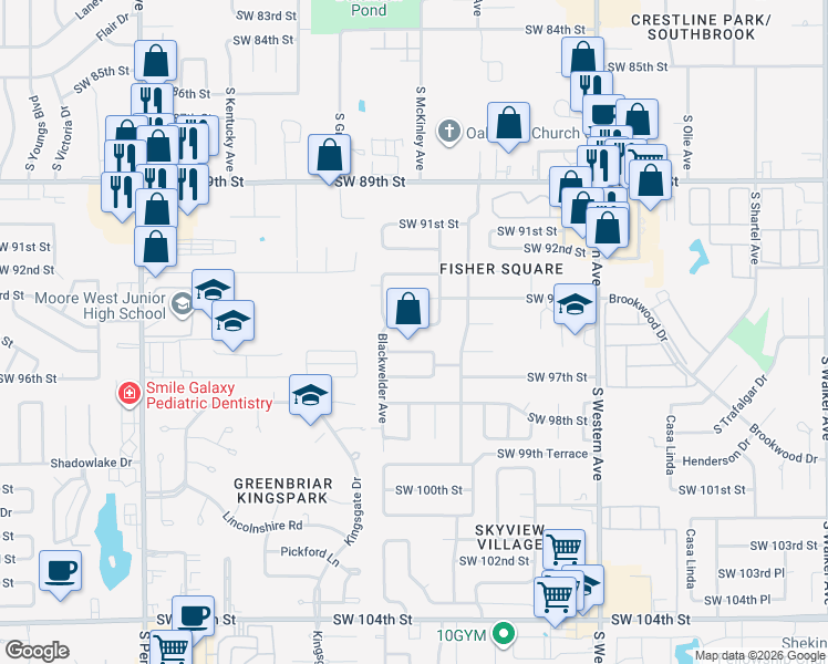 map of restaurants, bars, coffee shops, grocery stores, and more near 1220 Southwest 94th Street in Oklahoma City