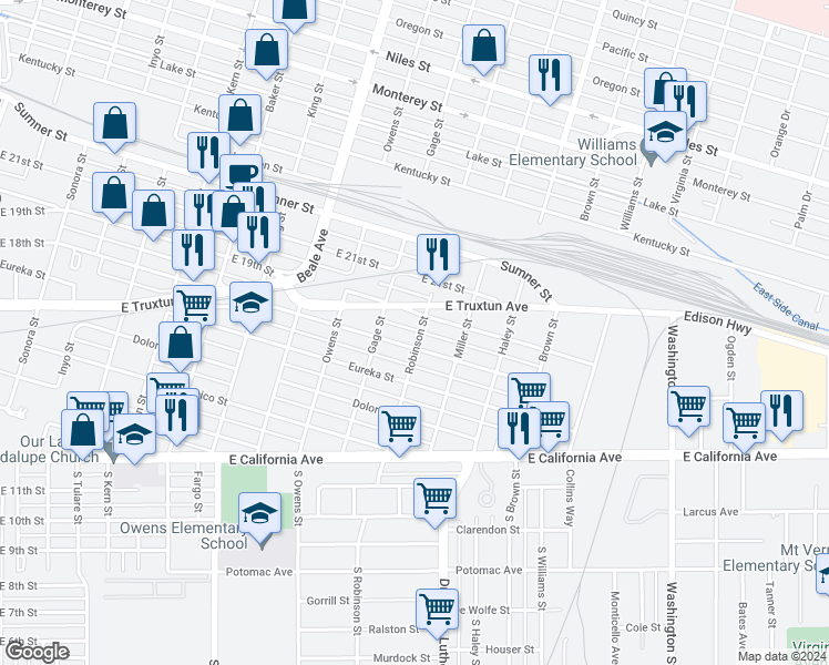 map of restaurants, bars, coffee shops, grocery stores, and more near 610 Robinson Street in Bakersfield