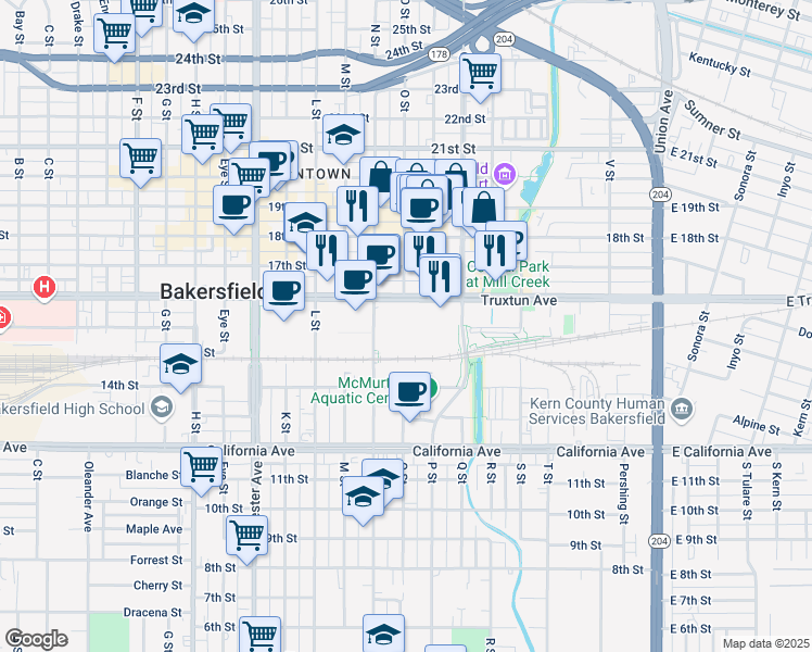 map of restaurants, bars, coffee shops, grocery stores, and more near 801 Truxtun Avenue in Bakersfield