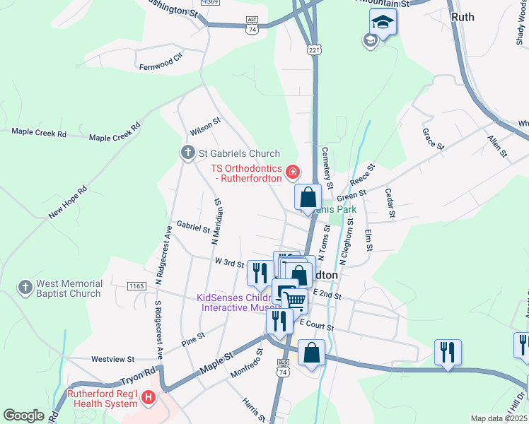 map of restaurants, bars, coffee shops, grocery stores, and more near 190 West 6th Street in Rutherfordton