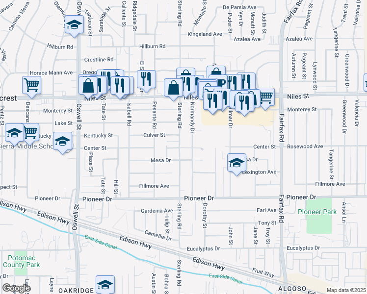 map of restaurants, bars, coffee shops, grocery stores, and more near 3425 Culver Street in Bakersfield