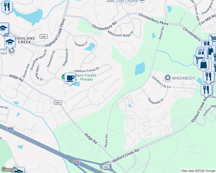 map of restaurants, bars, coffee shops, grocery stores, and more near 2716 Highland Park Drive in Charlotte
